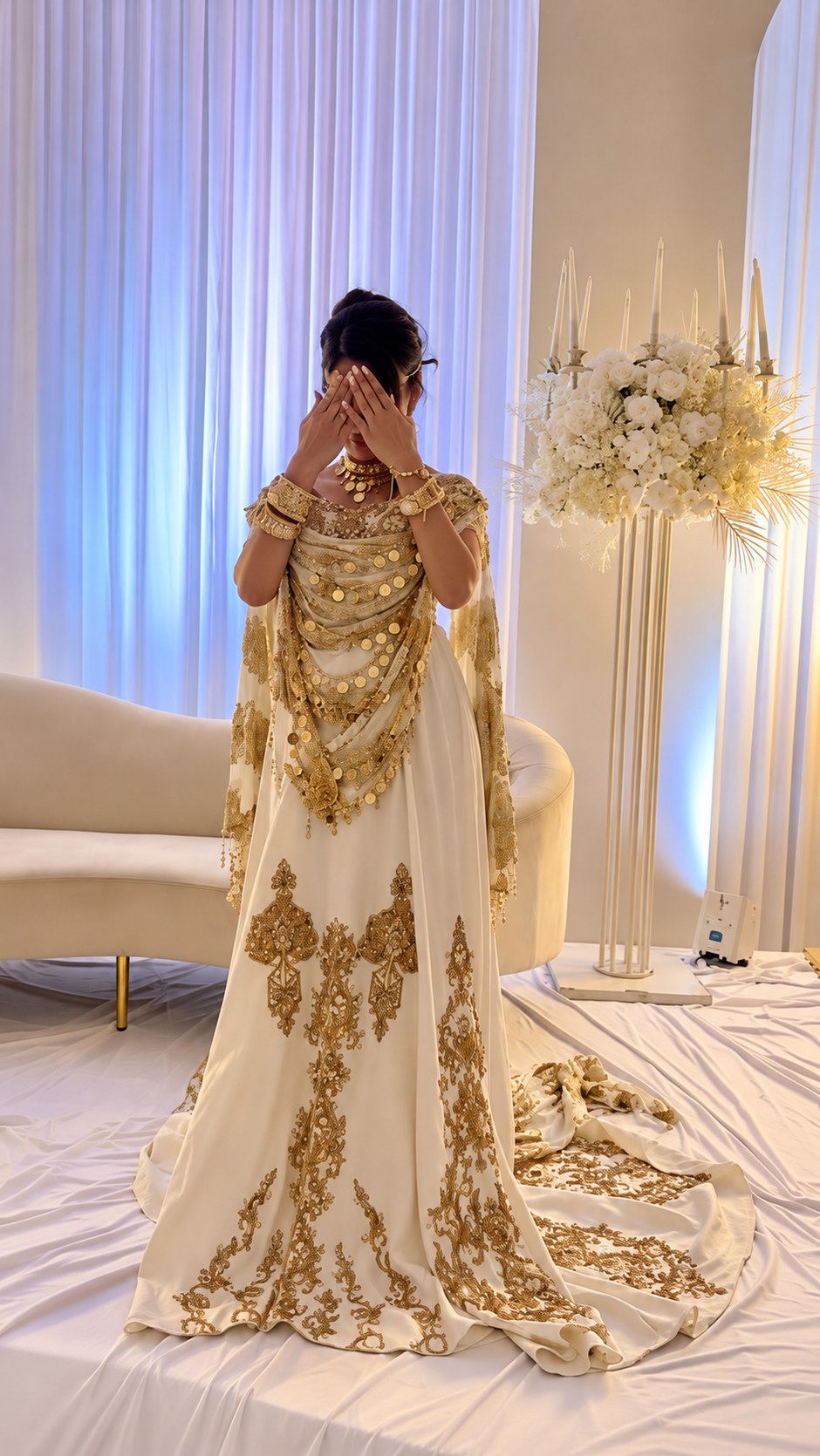 La mariée en tenue traditionnelle brodée d'or, le visage voilé par ses mains