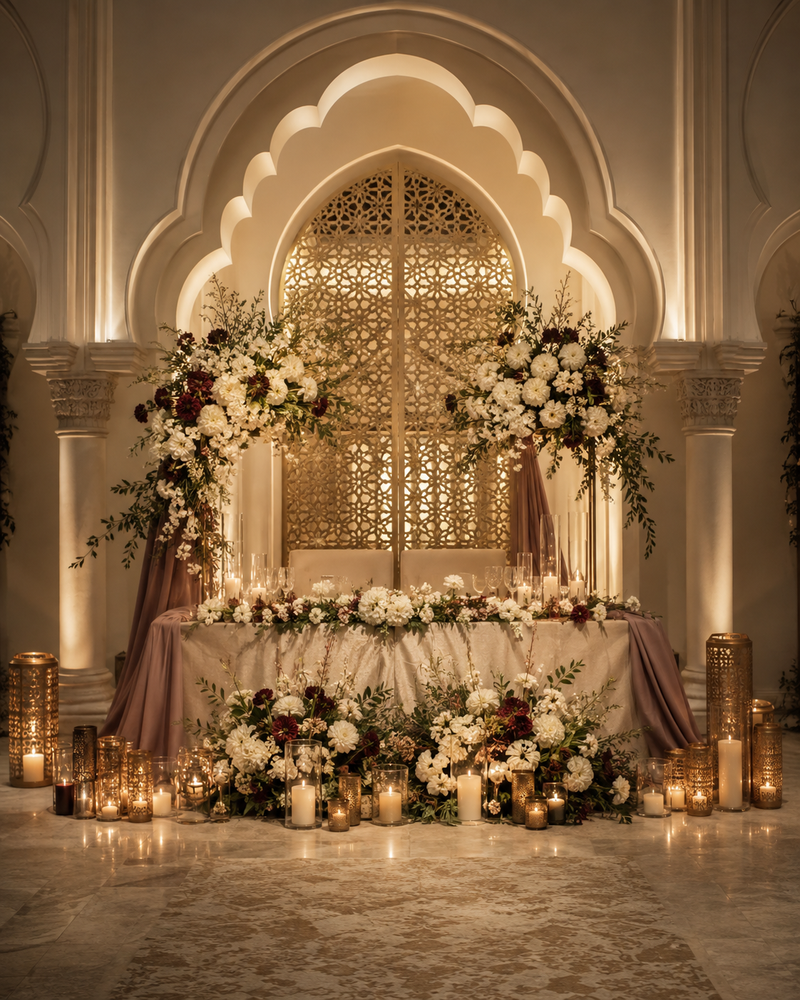 Décor de réception fleuri et éclairé aux bougies