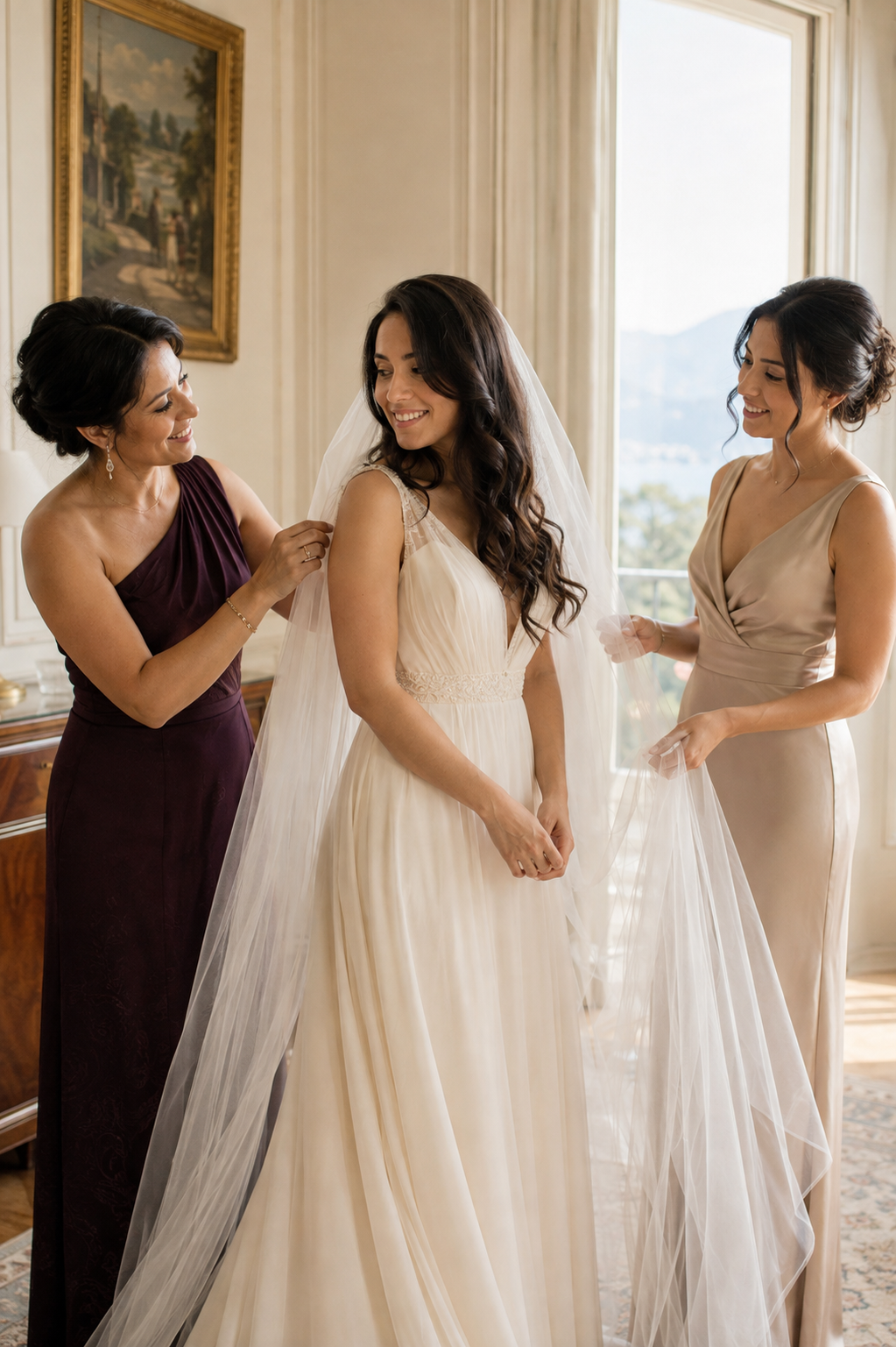 Une mariée entourée de ses demoiselles d’honneur dans un salon lumineux